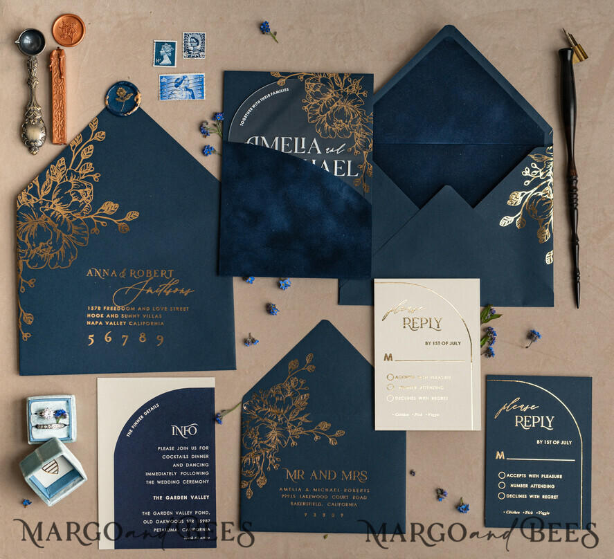 HOCHZEITS EINLADUNGEN Gold / Roségold / Silber / Glitzer Marineblaue Goldbogen-Hochzeitskarten, Plexi-Taschen-Velours-Hochzeitskarten, Dunkelblaue Gold-Hochzeitseinladungen, Elegante Hochzeitskarten