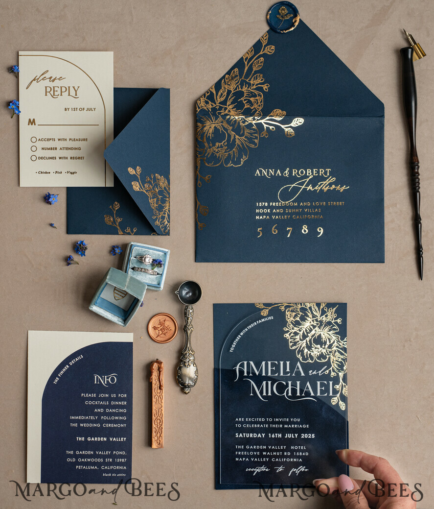 HOCHZEITS EINLADUNGEN Gold / Roségold / Silber / Glitzer Marineblaue Goldbogen-Hochzeitskarten, Plexi-Taschen-Velours-Hochzeitskarten, Dunkelblaue Gold-Hochzeitseinladungen, Elegante Hochzeitskarten