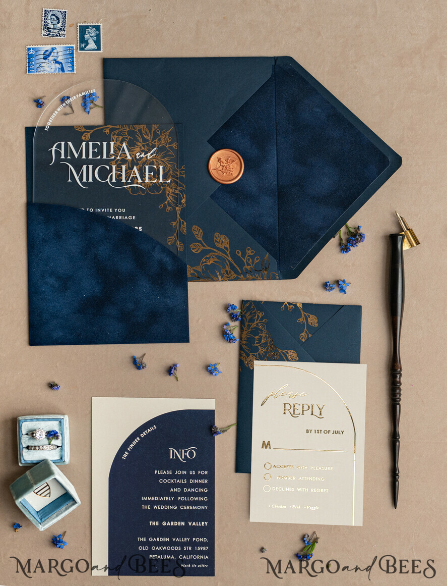 HOCHZEITS EINLADUNGEN Gold / Roségold / Silber / Glitzer Marineblaue Goldbogen-Hochzeitskarten, Plexi-Taschen-Velours-Hochzeitskarten, Dunkelblaue Gold-Hochzeitseinladungen, Elegante Hochzeitskarten