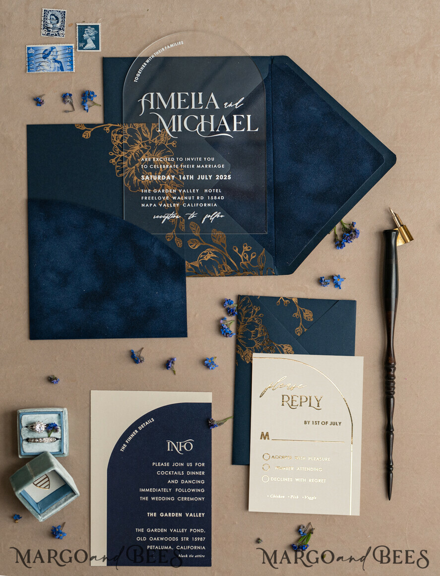 HOCHZEITS EINLADUNGEN Gold / Roségold / Silber / Glitzer Marineblaue Goldbogen-Hochzeitskarten, Plexi-Taschen-Velours-Hochzeitskarten, Dunkelblaue Gold-Hochzeitseinladungen, Elegante Hochzeitskarten