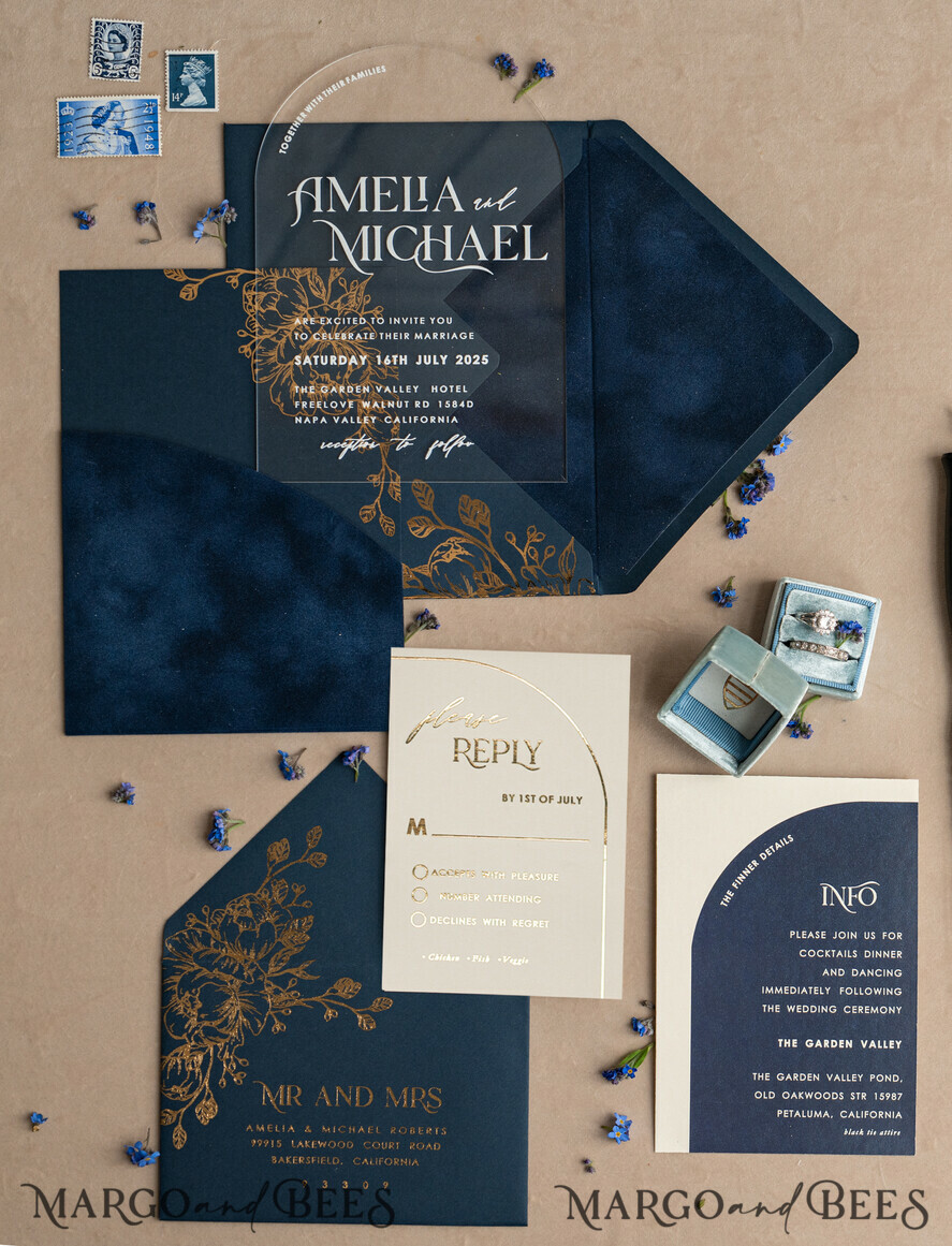 HOCHZEITS EINLADUNGEN Gold / Roségold / Silber / Glitzer Marineblaue Goldbogen-Hochzeitskarten, Plexi-Taschen-Velours-Hochzeitskarten, Dunkelblaue Gold-Hochzeitseinladungen, Elegante Hochzeitskarten
