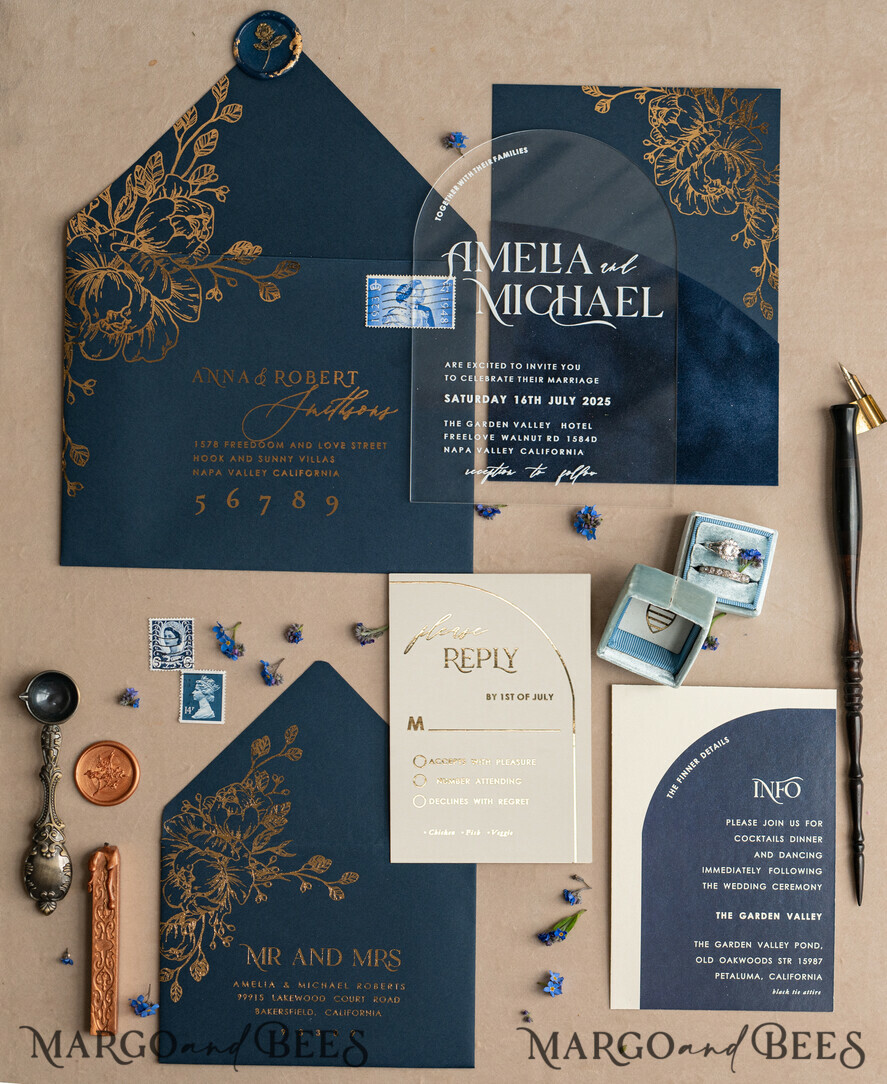 HOCHZEITS EINLADUNGEN Gold / Roségold / Silber / Glitzer Marineblaue Goldbogen-Hochzeitskarten, Plexi-Taschen-Velours-Hochzeitskarten, Dunkelblaue Gold-Hochzeitseinladungen, Elegante Hochzeitskarten