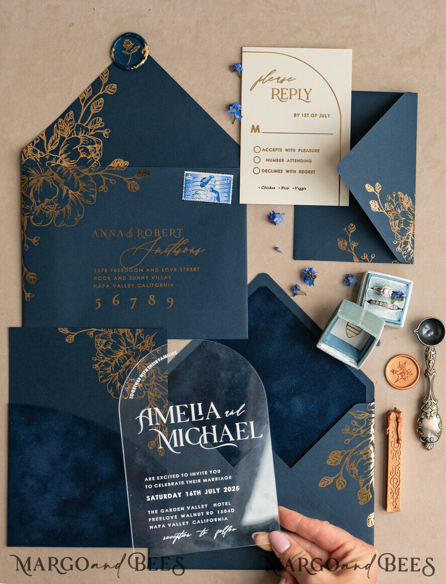HOCHZEITS EINLADUNGEN Gold / Roségold / Silber / Glitzer Marineblaue Goldbogen-Hochzeitskarten, Plexi-Taschen-Velours-Hochzeitskarten, Dunkelblaue Gold-Hochzeitseinladungen, Elegante Hochzeitskarten