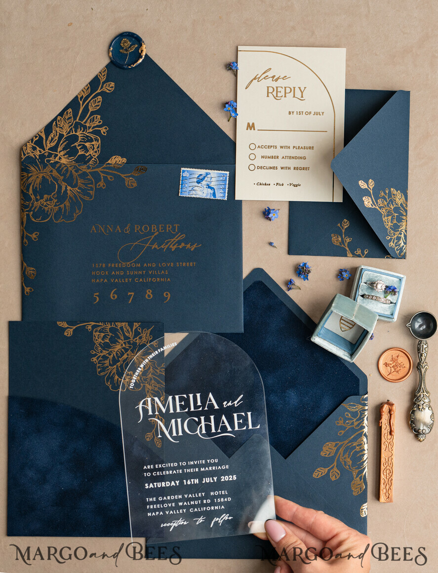 HOCHZEITS EINLADUNGEN Gold / Roségold / Silber / Glitzer Marineblaue Goldbogen-Hochzeitskarten, Plexi-Taschen-Velours-Hochzeitskarten, Dunkelblaue Gold-Hochzeitseinladungen, Elegante Hochzeitskarten
