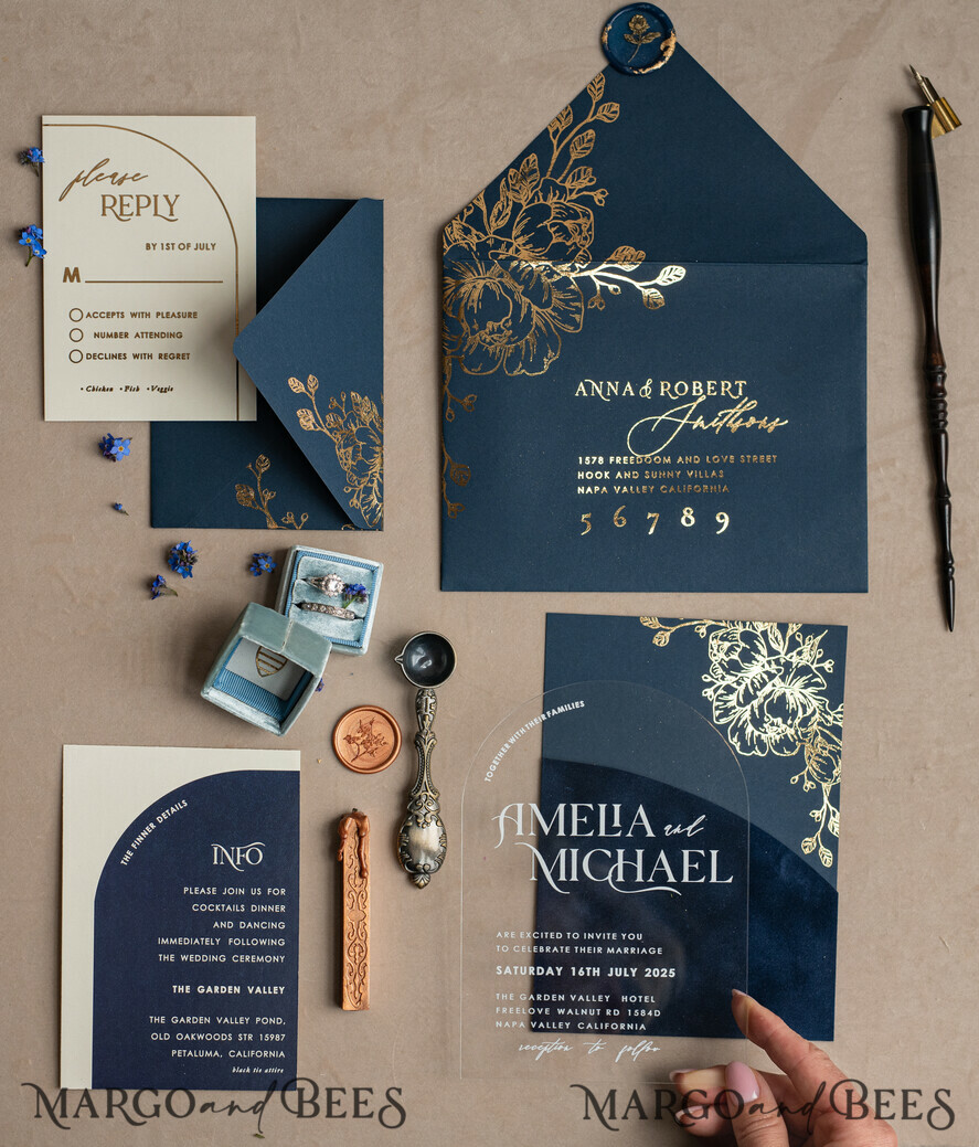 HOCHZEITS EINLADUNGEN Gold / Roségold / Silber / Glitzer Marineblaue Goldbogen-Hochzeitskarten, Plexi-Taschen-Velours-Hochzeitskarten, Dunkelblaue Gold-Hochzeitseinladungen, Elegante Hochzeitskarten