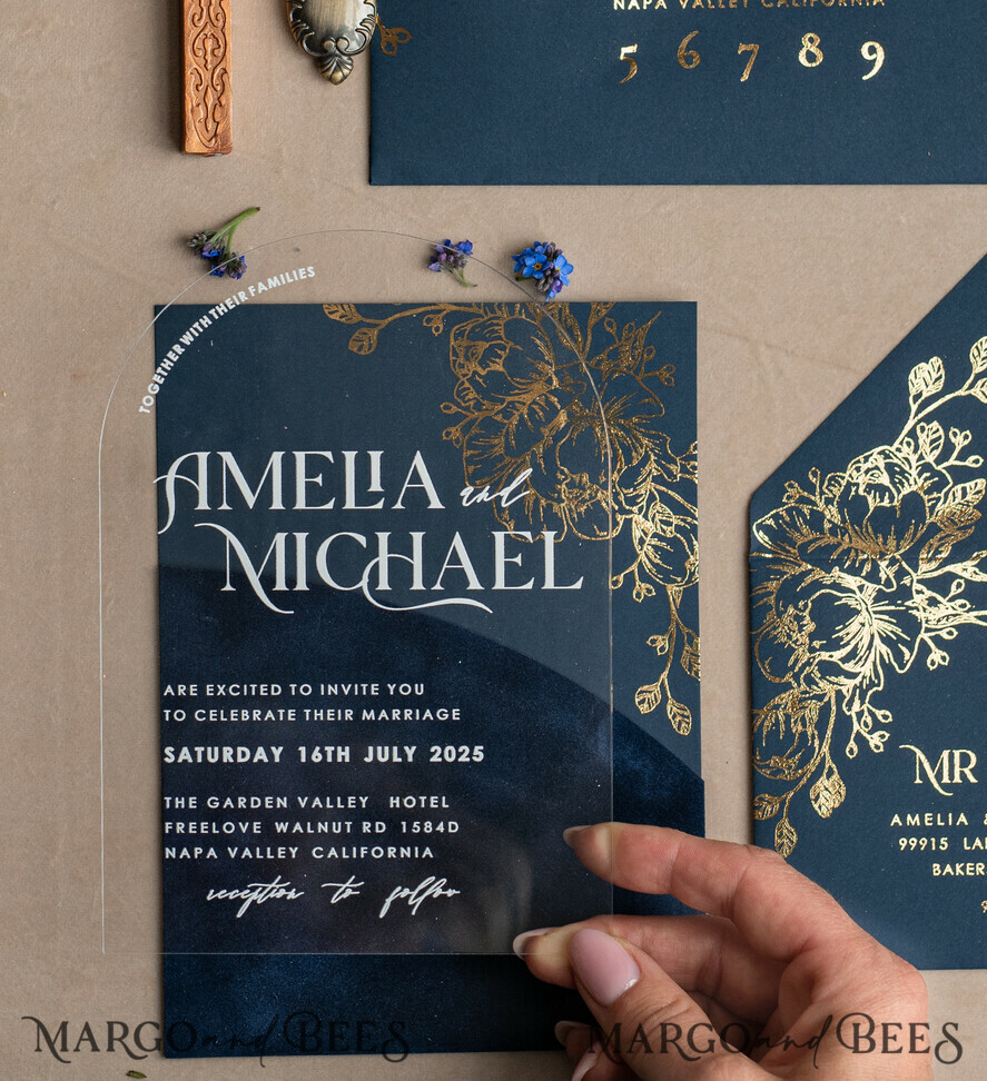 HOCHZEITS EINLADUNGEN Gold / Roségold / Silber / Glitzer Marineblaue Goldbogen-Hochzeitskarten, Plexi-Taschen-Velours-Hochzeitskarten, Dunkelblaue Gold-Hochzeitseinladungen, Elegante Hochzeitskarten