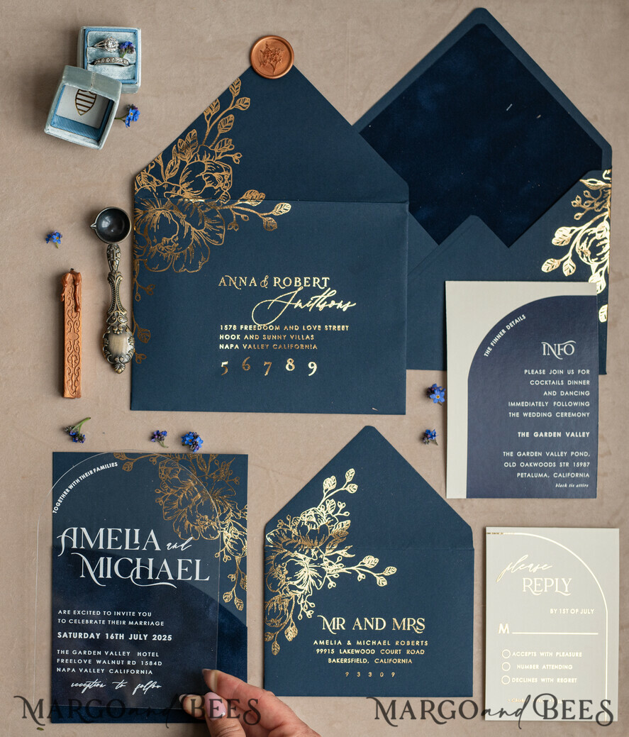 HOCHZEITS EINLADUNGEN Gold / Roségold / Silber / Glitzer Marineblaue Goldbogen-Hochzeitskarten, Plexi-Taschen-Velours-Hochzeitskarten, Dunkelblaue Gold-Hochzeitseinladungen, Elegante Hochzeitskarten