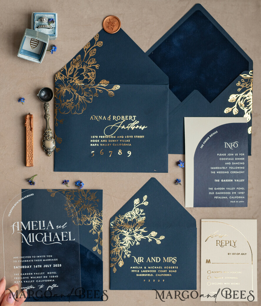 HOCHZEITS EINLADUNGEN Gold / Roségold / Silber / Glitzer Marineblaue Goldbogen-Hochzeitskarten, Plexi-Taschen-Velours-Hochzeitskarten, Dunkelblaue Gold-Hochzeitseinladungen, Elegante Hochzeitskarten