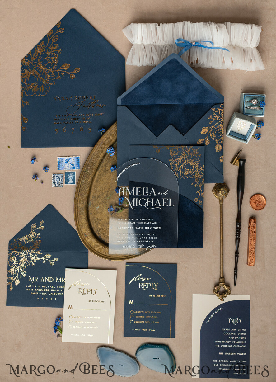HOCHZEITS EINLADUNGEN Gold / Roségold / Silber / Glitzer Marineblaue Goldbogen-Hochzeitskarten, Plexi-Taschen-Velours-Hochzeitskarten, Dunkelblaue Gold-Hochzeitseinladungen, Elegante Hochzeitskarten