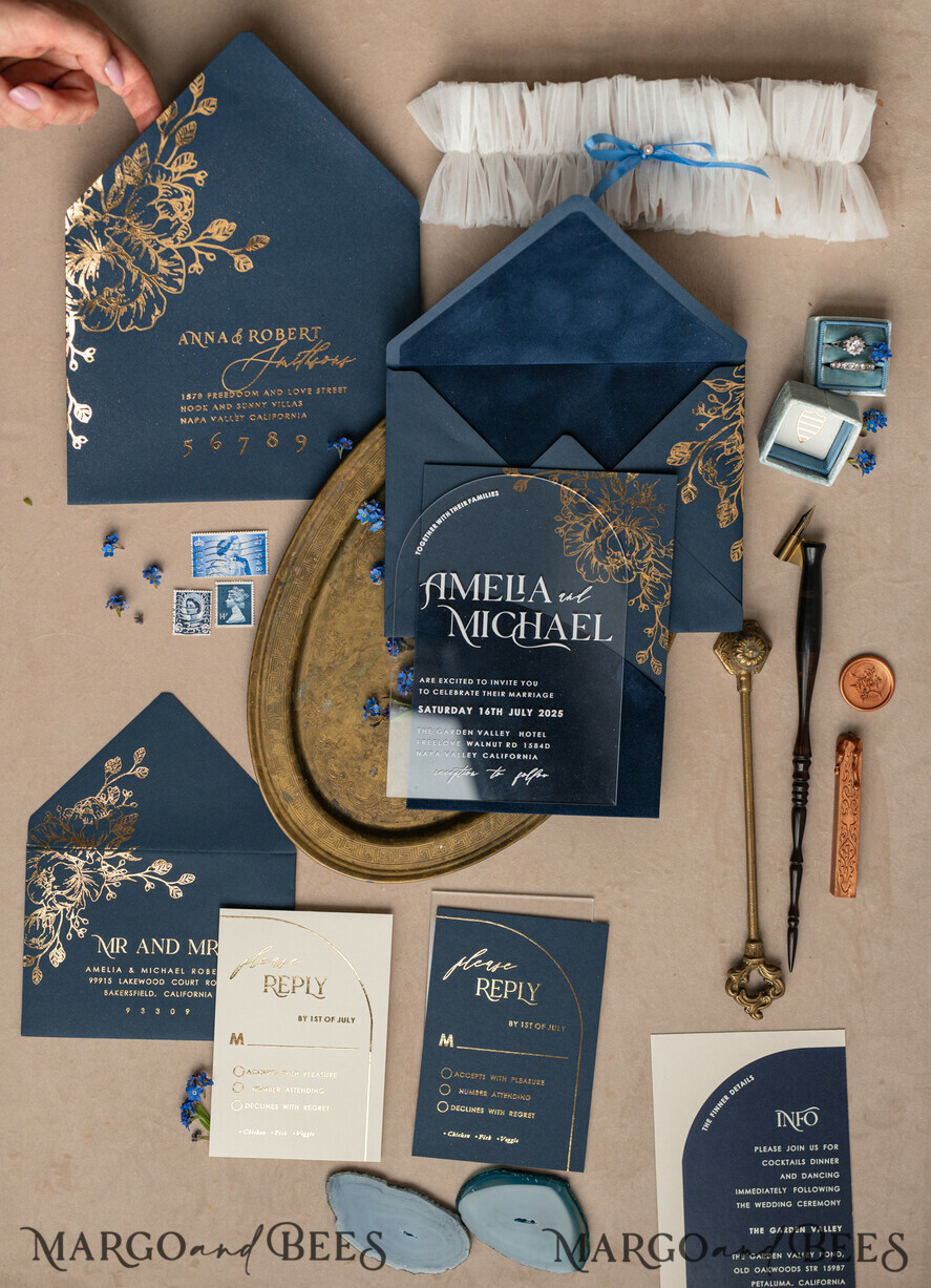 HOCHZEITS EINLADUNGEN Gold / Roségold / Silber / Glitzer Marineblaue Goldbogen-Hochzeitskarten, Plexi-Taschen-Velours-Hochzeitskarten, Dunkelblaue Gold-Hochzeitseinladungen, Elegante Hochzeitskarten