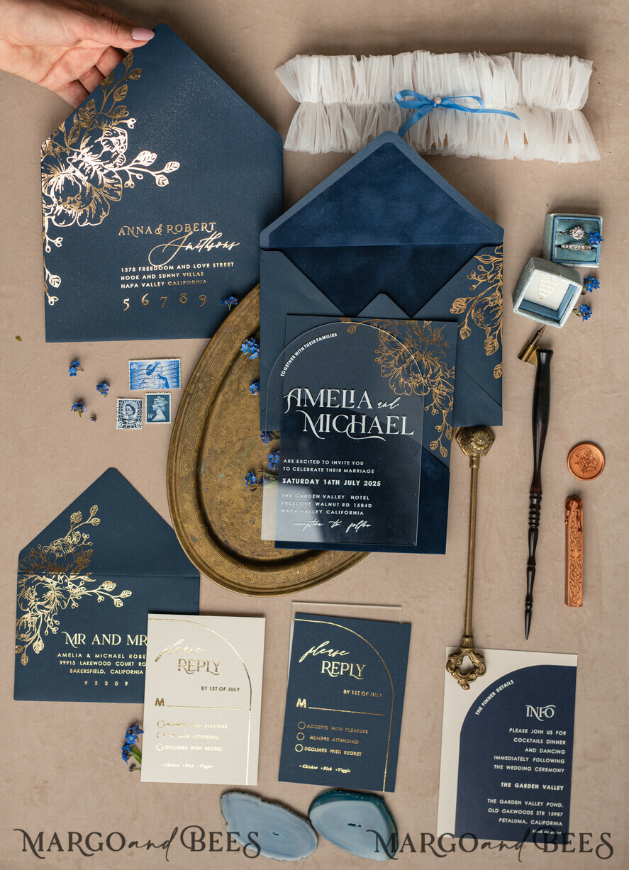 HOCHZEITS EINLADUNGEN Gold / Roségold / Silber / Glitzer Marineblaue Goldbogen-Hochzeitskarten, Plexi-Taschen-Velours-Hochzeitskarten, Dunkelblaue Gold-Hochzeitseinladungen, Elegante Hochzeitskarten