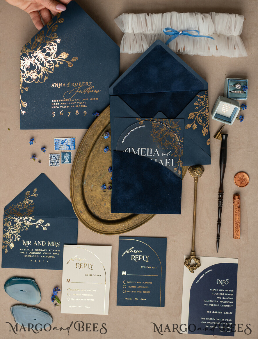 HOCHZEITS EINLADUNGEN Gold / Roségold / Silber / Glitzer Marineblaue Goldbogen-Hochzeitskarten, Plexi-Taschen-Velours-Hochzeitskarten, Dunkelblaue Gold-Hochzeitseinladungen, Elegante Hochzeitskarten