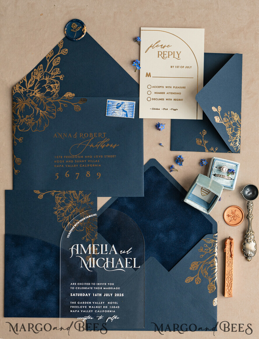 HOCHZEITS EINLADUNGEN Gold / Roségold / Silber / Glitzer Marineblaue Goldbogen-Hochzeitskarten, Plexi-Taschen-Velours-Hochzeitskarten, Dunkelblaue Gold-Hochzeitseinladungen, Elegante Hochzeitskarten