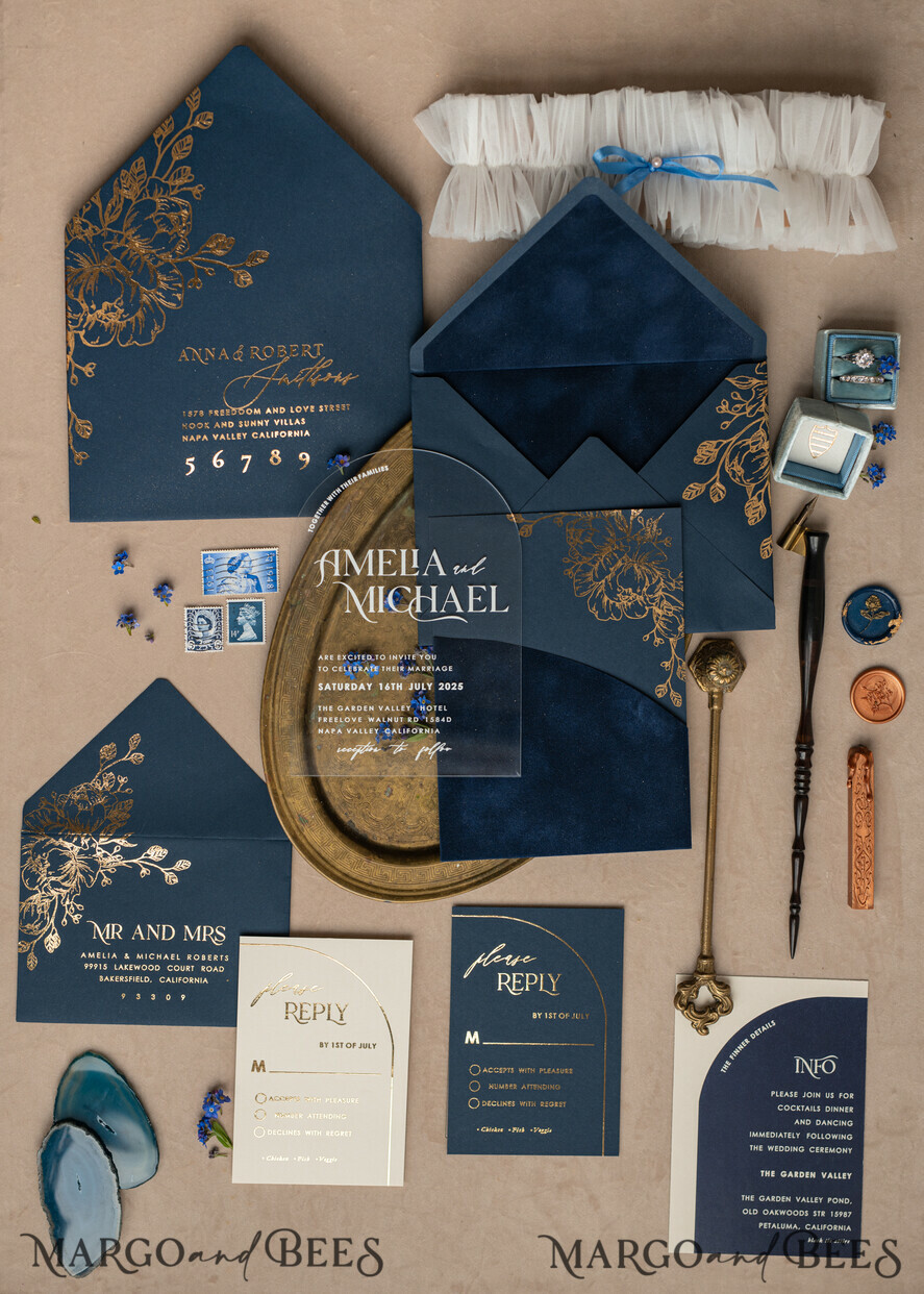 HOCHZEITS EINLADUNGEN Gold / Roségold / Silber / Glitzer Marineblaue Goldbogen-Hochzeitskarten, Plexi-Taschen-Velours-Hochzeitskarten, Dunkelblaue Gold-Hochzeitseinladungen, Elegante Hochzeitskarten
