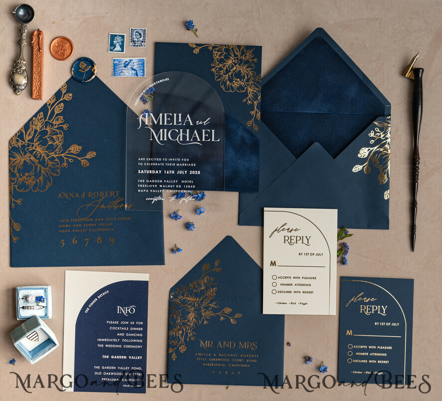 HOCHZEITS EINLADUNGEN Gold / Roségold / Silber / Glitzer Marineblaue Goldbogen-Hochzeitskarten, Plexi-Taschen-Velours-Hochzeitskarten, Dunkelblaue Gold-Hochzeitseinladungen, Elegante Hochzeitskarten