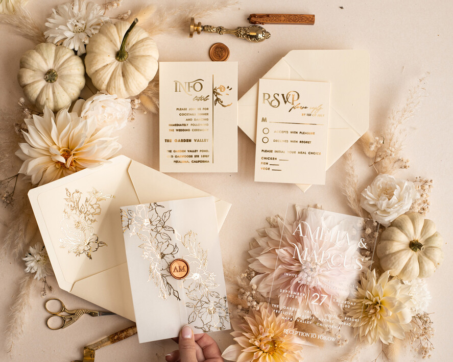 HOCHZEITS EINLADUNGEN Gold / Roségold / Silber / Glitzer Acryl-Hochzeitseinladungsset, Boho Glam Hochzeitseinladungen, Goldener Glanz Hochzeitseinladungen, Elegante goldene Hochzeitseinladungen