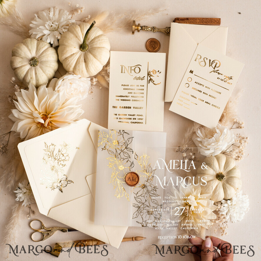 HOCHZEITS EINLADUNGEN Gold / Roségold / Silber / Glitzer Acryl-Hochzeitseinladungsset, Boho Glam Hochzeitseinladungen, Goldener Glanz Hochzeitseinladungen, Elegante goldene Hochzeitseinladungen