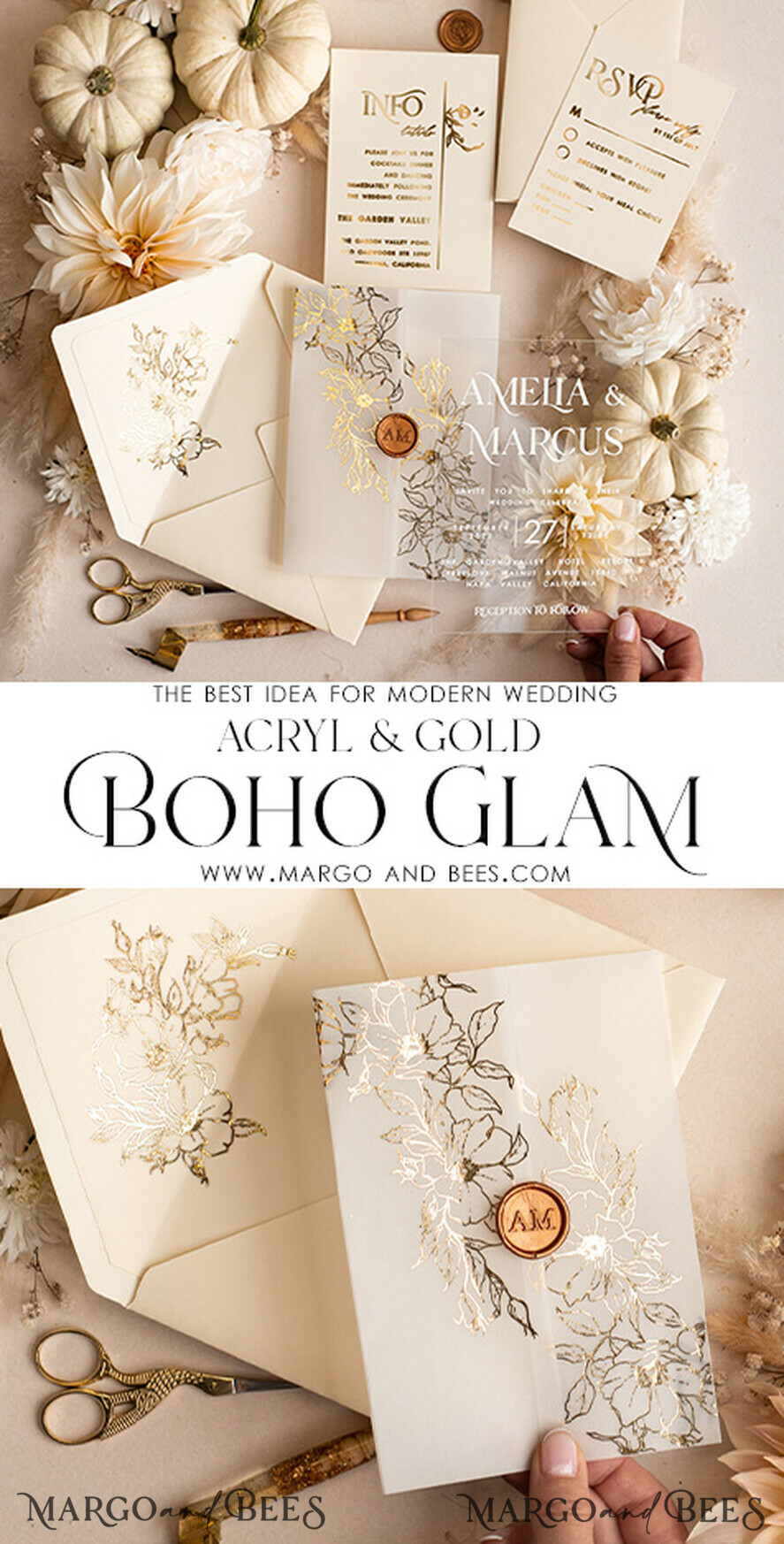 HOCHZEITS EINLADUNGEN Gold / Roségold / Silber / Glitzer Acryl-Hochzeitseinladungsset, Boho Glam Hochzeitseinladungen, Goldener Glanz Hochzeitseinladungen, Elegante goldene Hochzeitseinladungen