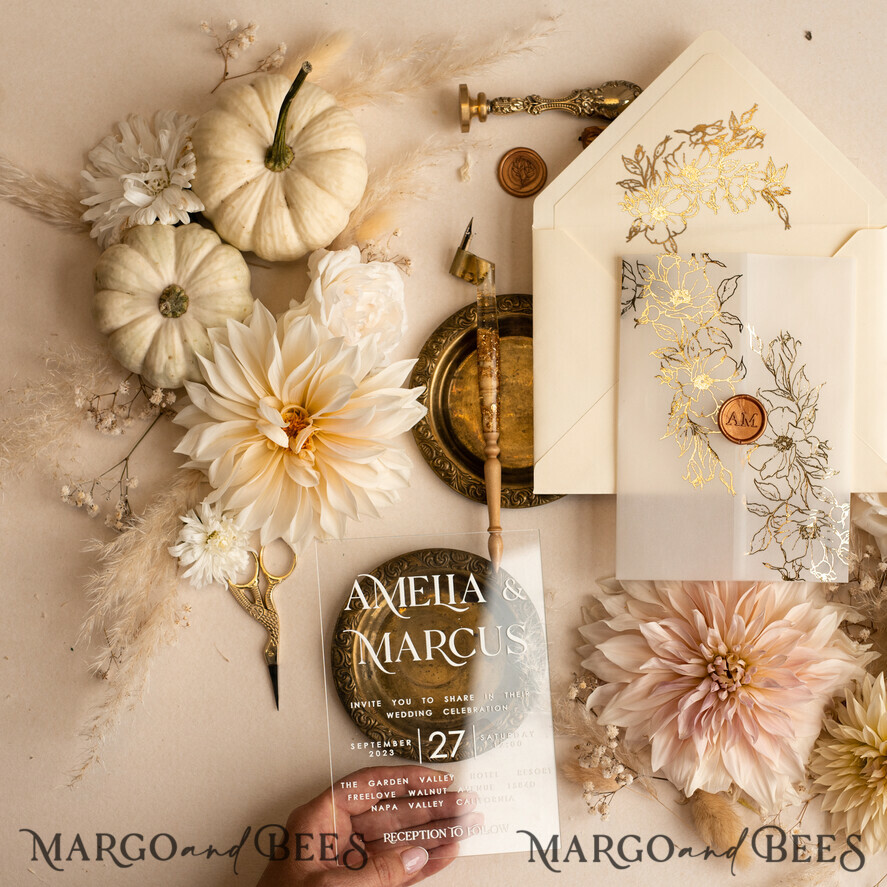 HOCHZEITS EINLADUNGEN Gold / Roségold / Silber / Glitzer Acryl-Hochzeitseinladungsset, Boho Glam Hochzeitseinladungen, Goldener Glanz Hochzeitseinladungen, Elegante goldene Hochzeitseinladungen