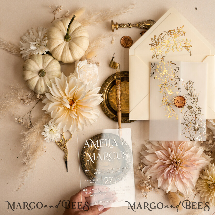 HOCHZEITS EINLADUNGEN Gold / Roségold / Silber / Glitzer Acryl-Hochzeitseinladungsset, Boho Glam Hochzeitseinladungen, Goldener Glanz Hochzeitseinladungen, Elegante goldene Hochzeitseinladungen