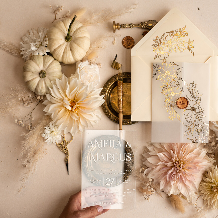 HOCHZEITS EINLADUNGEN Gold / Roségold / Silber / Glitzer Acryl-Hochzeitseinladungsset, Boho Glam Hochzeitseinladungen, Goldener Glanz Hochzeitseinladungen, Elegante goldene Hochzeitseinladungen