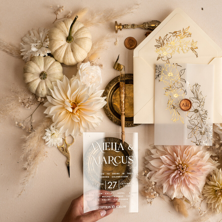 HOCHZEITS EINLADUNGEN Gold / Roségold / Silber / Glitzer Acryl-Hochzeitseinladungsset, Boho Glam Hochzeitseinladungen, Goldener Glanz Hochzeitseinladungen, Elegante goldene Hochzeitseinladungen