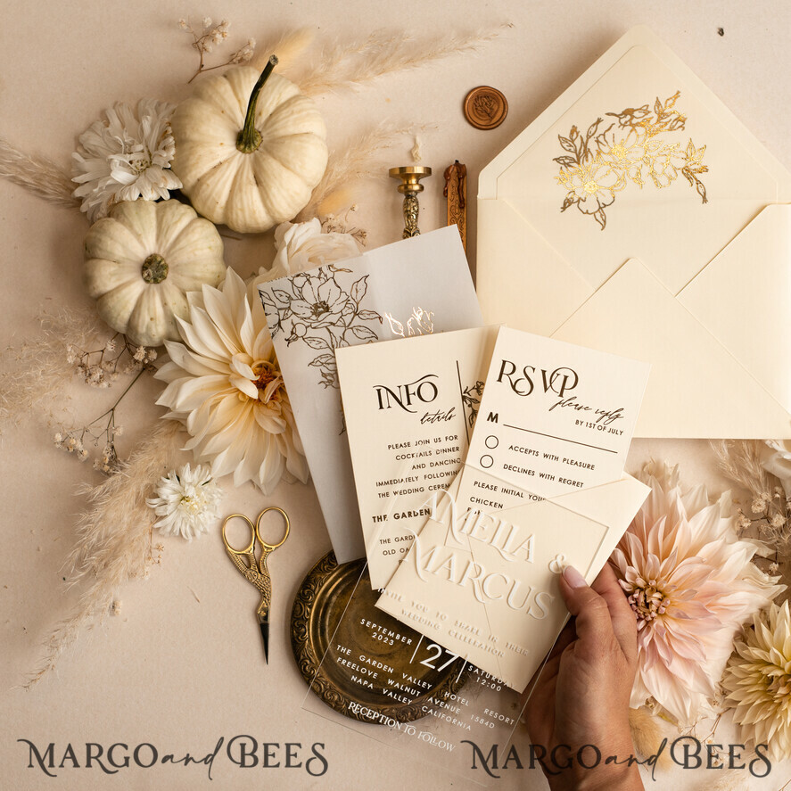 HOCHZEITS EINLADUNGEN Gold / Roségold / Silber / Glitzer Acryl-Hochzeitseinladungsset, Boho Glam Hochzeitseinladungen, Goldener Glanz Hochzeitseinladungen, Elegante goldene Hochzeitseinladungen