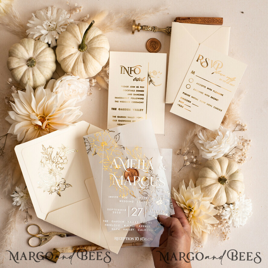 HOCHZEITS EINLADUNGEN Gold / Roségold / Silber / Glitzer Acryl-Hochzeitseinladungsset, Boho Glam Hochzeitseinladungen, Goldener Glanz Hochzeitseinladungen, Elegante goldene Hochzeitseinladungen