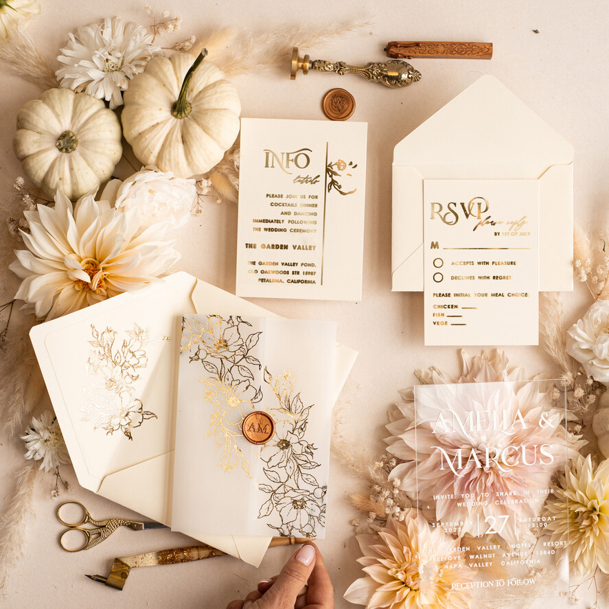 HOCHZEITS EINLADUNGEN Gold / Roségold / Silber / Glitzer Acryl-Hochzeitseinladungsset, Boho Glam Hochzeitseinladungen, Goldener Glanz Hochzeitseinladungen, Elegante goldene Hochzeitseinladungen