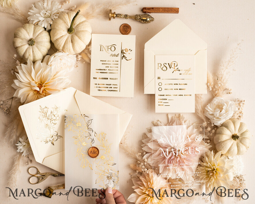 HOCHZEITS EINLADUNGEN Gold / Roségold / Silber / Glitzer Acryl-Hochzeitseinladungsset, Boho Glam Hochzeitseinladungen, Goldener Glanz Hochzeitseinladungen, Elegante goldene Hochzeitseinladungen