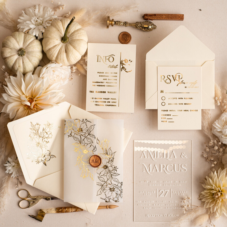HOCHZEITS EINLADUNGEN Gold / Roségold / Silber / Glitzer Acryl-Hochzeitseinladungsset, Boho Glam Hochzeitseinladungen, Goldener Glanz Hochzeitseinladungen, Elegante goldene Hochzeitseinladungen