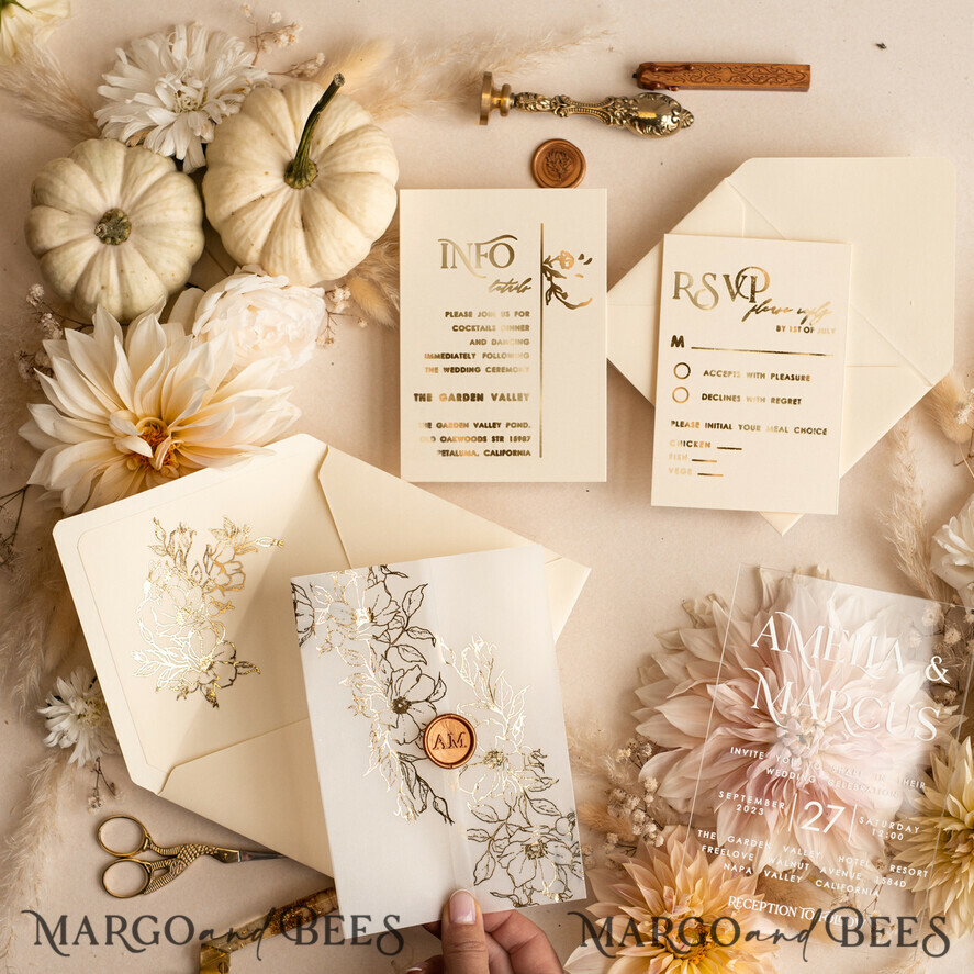 HOCHZEITS EINLADUNGEN Gold / Roségold / Silber / Glitzer Acryl-Hochzeitseinladungsset, Boho Glam Hochzeitseinladungen, Goldener Glanz Hochzeitseinladungen, Elegante goldene Hochzeitseinladungen