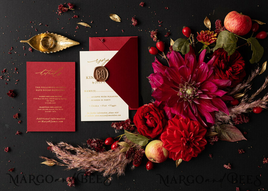HOCHZEITS EINLADUNGEN Gold / Roségold / Silber / Glitzer Luxus Hochzeitskarten, Elegantes indisches Hochzeitsladen-Set • Gold-Burgunder Hochzeitsladen-Set • Luxus kastanienbraune Hochzeitskarten