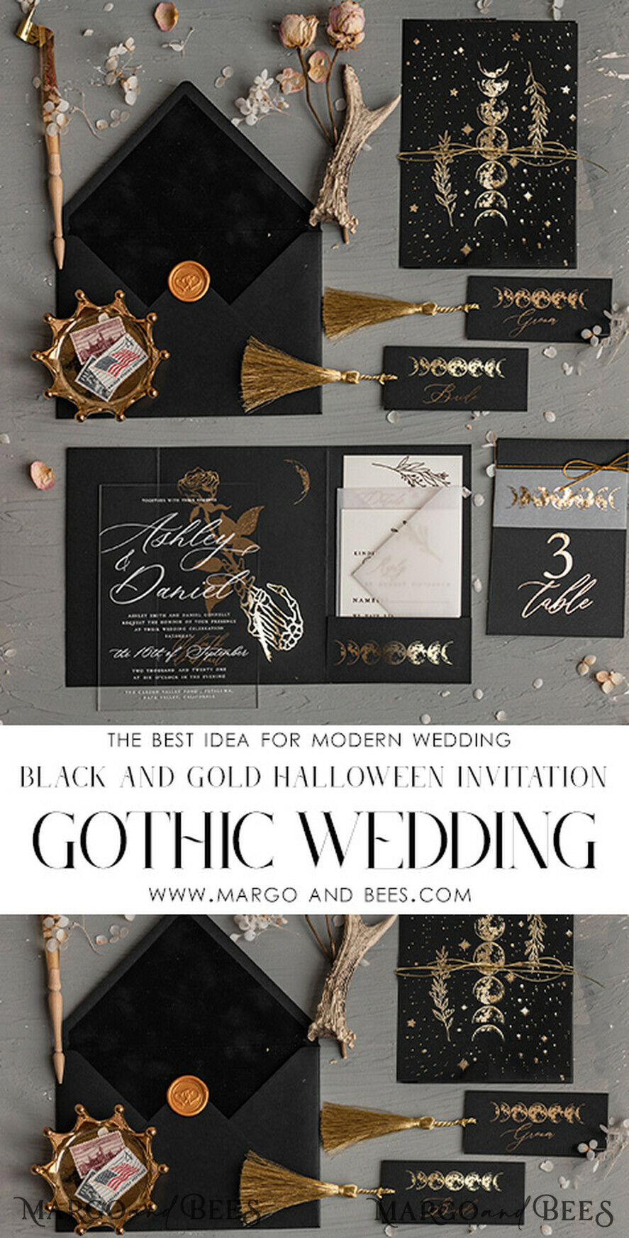 HOCHZEITS EINLADUNGEN Gold / Roségold / Silber / Glitzer Halloween-Mondphasen-Hochzeitseinladungen-Set, schwarze Einladungen, gruselige Halloween-Einladungen, gothische Hochzeitseinladungskarten, Skelett-Hochzeitsset in Schwarz und Gold.