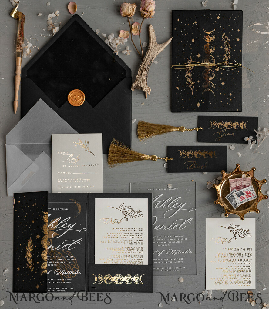 HOCHZEITS EINLADUNGEN Gold / Roségold / Silber / Glitzer Halloween-Mondphasen-Hochzeitseinladungen-Set, schwarze Einladungen, gruselige Halloween-Einladungen, gothische Hochzeitseinladungskarten, Skelett-Hochzeitsset in Schwarz und Gold.