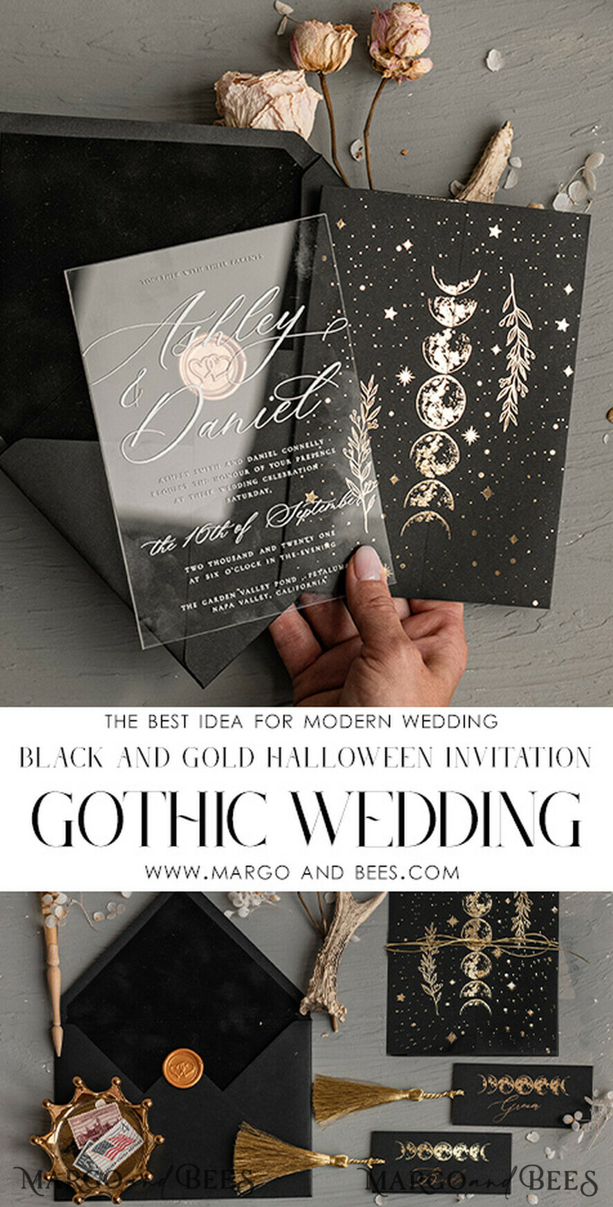 HOCHZEITS EINLADUNGEN Gold / Roségold / Silber / Glitzer Halloween-Mondphasen-Hochzeitseinladungen-Set, schwarze Einladungen, gruselige Halloween-Einladungen, gothische Hochzeitseinladungskarten, Skelett-Hochzeitsset in Schwarz und Gold.