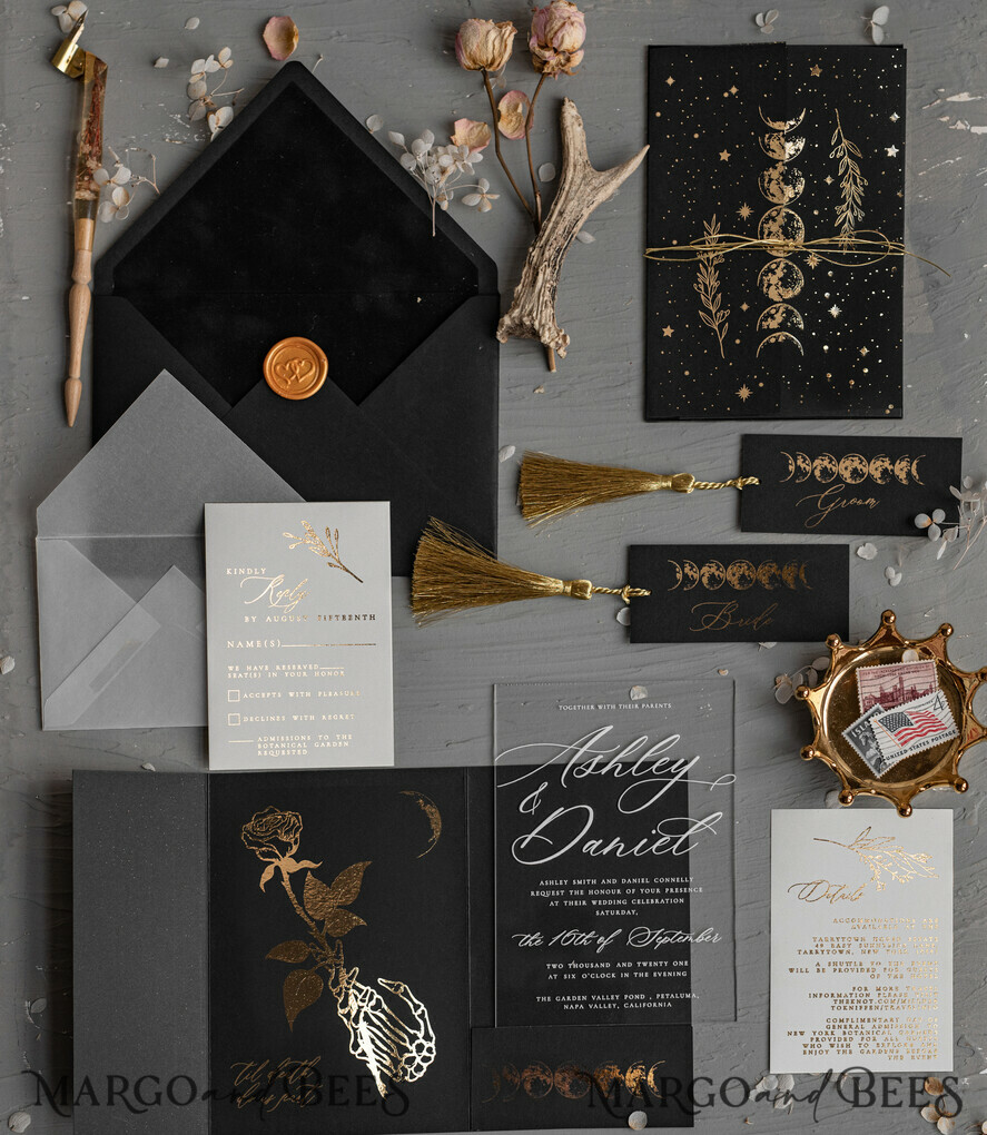 HOCHZEITS EINLADUNGEN Gold / Roségold / Silber / Glitzer Halloween-Mondphasen-Hochzeitseinladungen-Set, schwarze Einladungen, gruselige Halloween-Einladungen, gothische Hochzeitseinladungskarten, Skelett-Hochzeitsset in Schwarz und Gold.