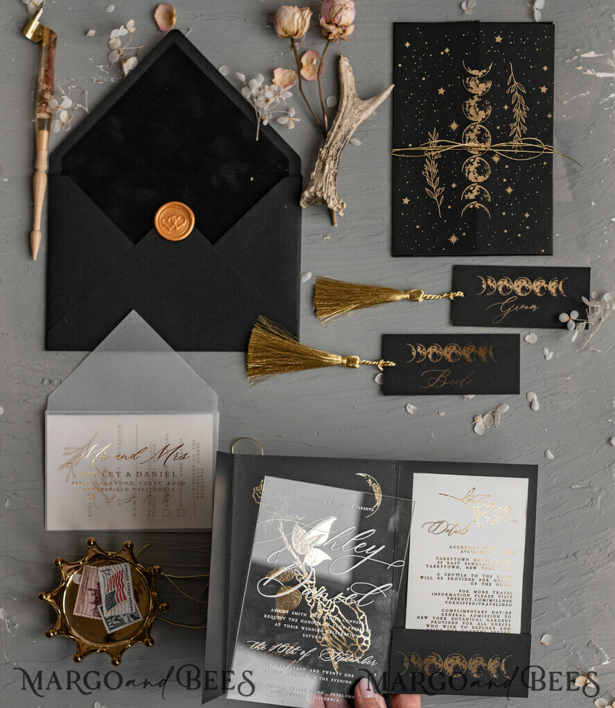 HOCHZEITS EINLADUNGEN Gold / Roségold / Silber / Glitzer Halloween-Mondphasen-Hochzeitseinladungen-Set, schwarze Einladungen, gruselige Halloween-Einladungen, gothische Hochzeitseinladungskarten, Skelett-Hochzeitsset in Schwarz und Gold.