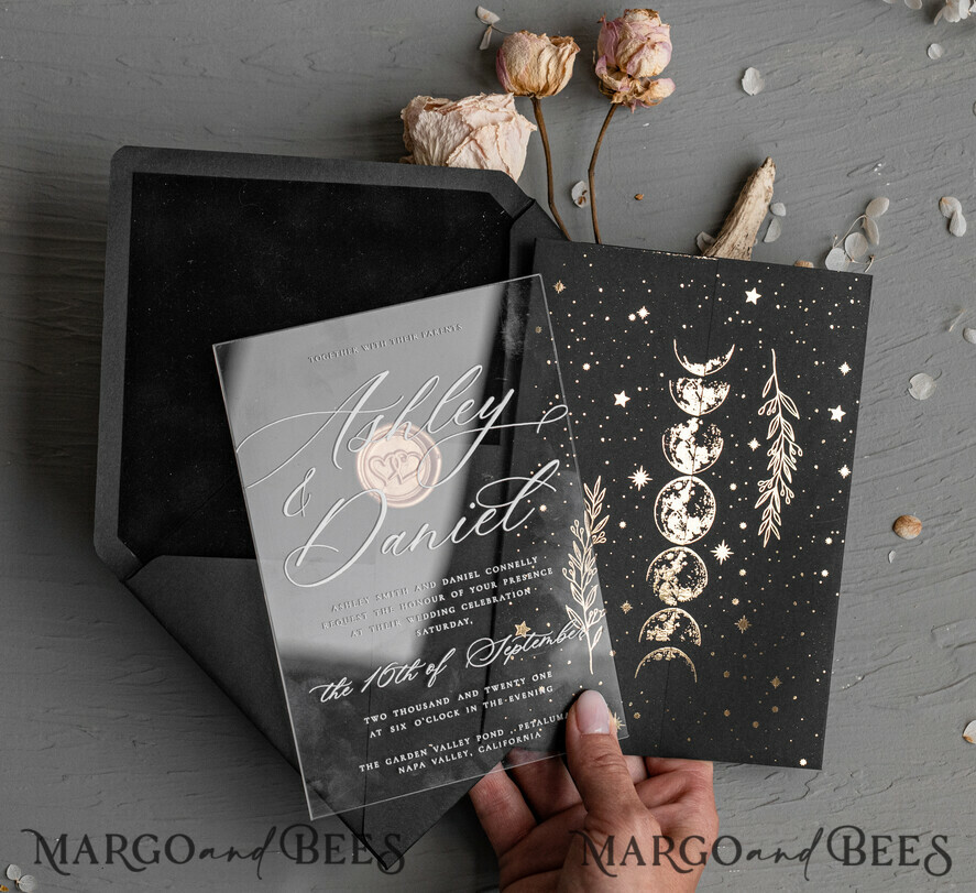 HOCHZEITS EINLADUNGEN Gold / Roségold / Silber / Glitzer Halloween-Mondphasen-Hochzeitseinladungen-Set, schwarze Einladungen, gruselige Halloween-Einladungen, gothische Hochzeitseinladungskarten, Skelett-Hochzeitsset in Schwarz und Gold.