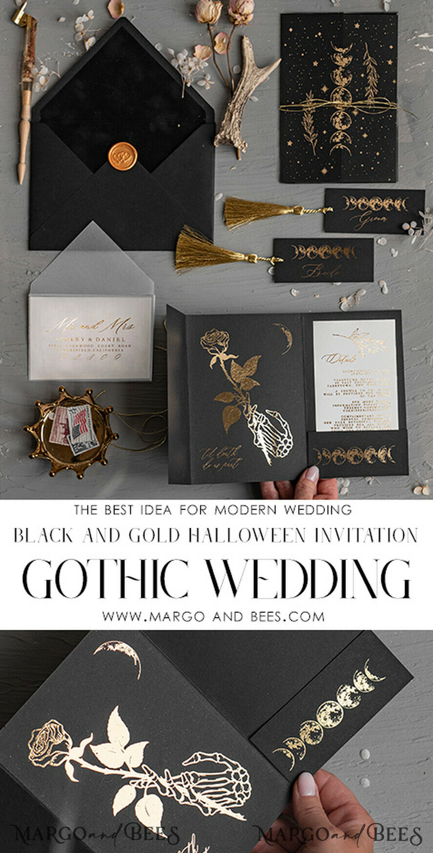 HOCHZEITS EINLADUNGEN Gold / Roségold / Silber / Glitzer Halloween-Mondphasen-Hochzeitseinladungen-Set, schwarze Einladungen, gruselige Halloween-Einladungen, gothische Hochzeitseinladungskarten, Skelett-Hochzeitsset in Schwarz und Gold.