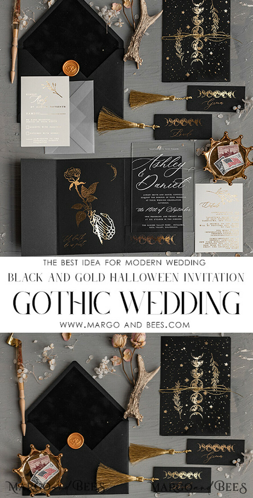HOCHZEITS EINLADUNGEN Gold / Roségold / Silber / Glitzer Halloween-Mondphasen-Hochzeitseinladungen-Set, schwarze Einladungen, gruselige Halloween-Einladungen, gothische Hochzeitseinladungskarten, Skelett-Hochzeitsset in Schwarz und Gold.