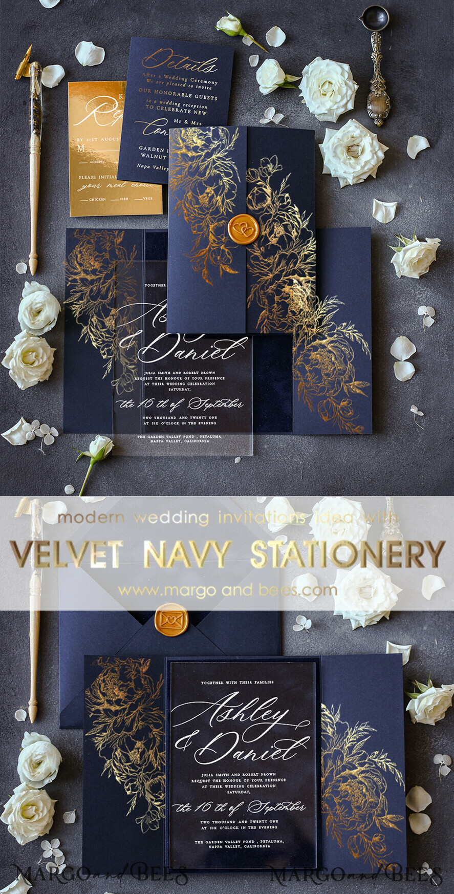 HOCHZEITS EINLADUNGEN Gold / Roségold / Silber / Glitzer Luxus Goldfolie Hochzeitskarten, elegante marineblaue Hochzeitskarten-Suite, glamouröse goldene Hochzeitskarten, maßgeschneiderte Plexi-Acryl-Hochzeitseinladungen.