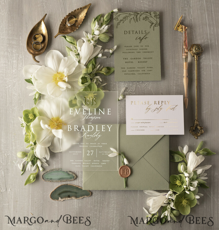HOCHZEITS EINLADUNGEN Gold / Roségold / Silber / Glitzer Sage Green Acryl Hochzeitskarten Set, Luxus Gefrorene Acryl Hochzeitskarten • Glamour Gold Hochzeitskarten Set • Luxus Acryl Hochzeitskarten