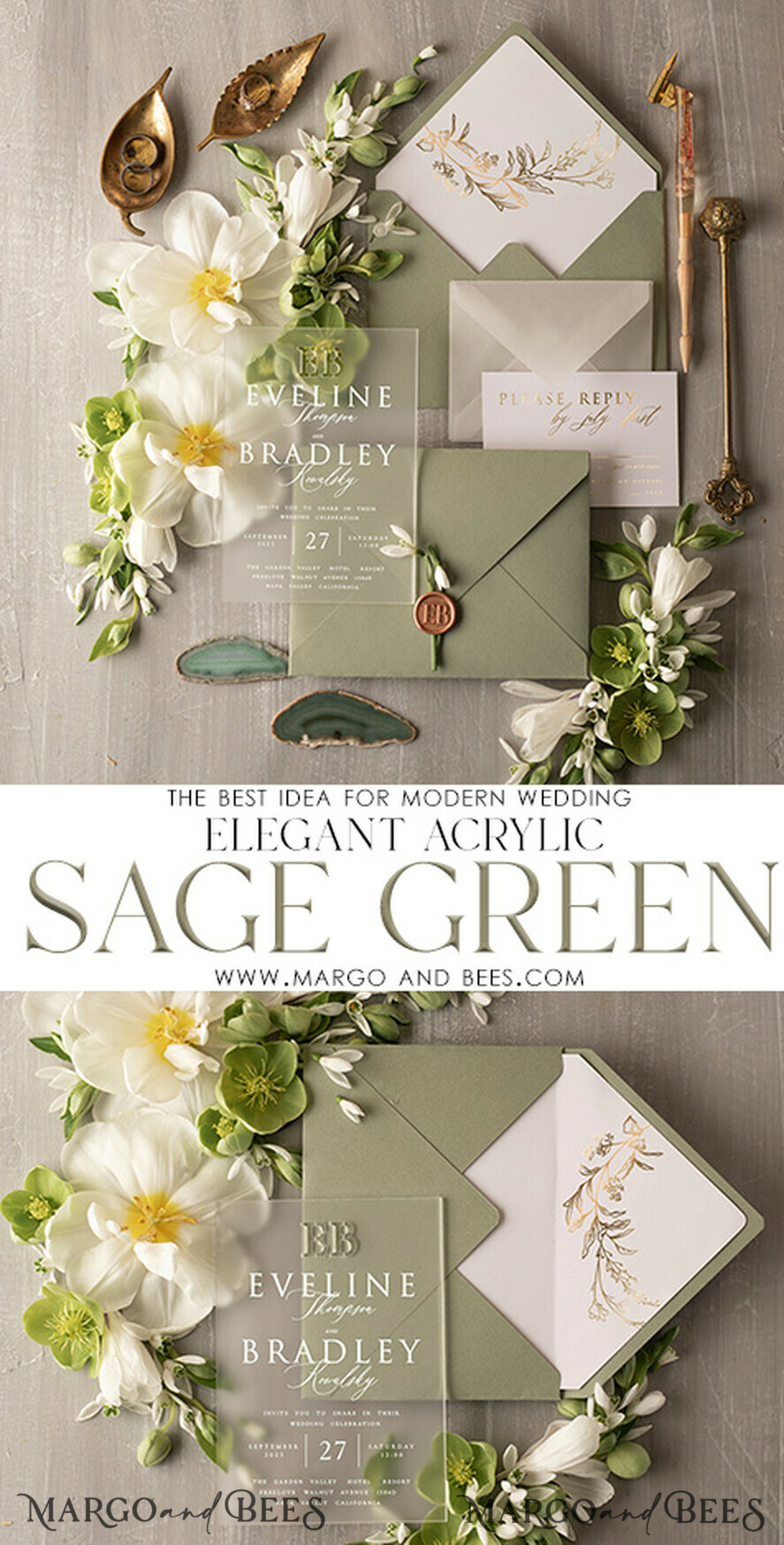 HOCHZEITS EINLADUNGEN Gold / Roségold / Silber / Glitzer Sage Green Acryl Hochzeitskarten Set, Luxus Gefrorene Acryl Hochzeitskarten • Glamour Gold Hochzeitskarten Set • Luxus Acryl Hochzeitskarten