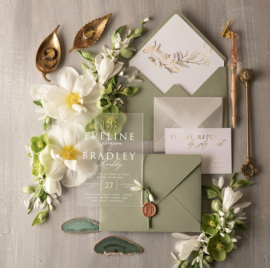 HOCHZEITS EINLADUNGEN Gold / Roségold / Silber / Glitzer Sage Green Acryl Hochzeitskarten Set, Luxus Gefrorene Acryl Hochzeitskarten • Glamour Gold Hochzeitskarten Set • Luxus Acryl Hochzeitskarten