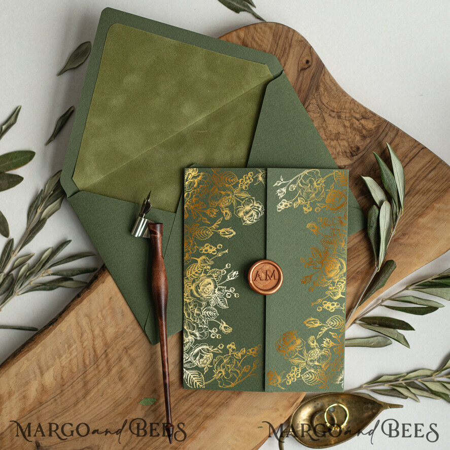 HOCHZEITS EINLADUNGEN Gold / Roségold / Silber / Glitzer Acryl Hochzeitskarten, glamouröse Velvet olivgrüne Hochzeitsdesigns, italienische Hochzeits Einladungsvorlage mit grünem Olivenzweig.