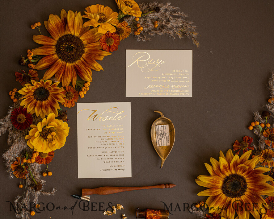 HOCHZEITS EINLADUNGEN Gold / Roségold / Silber / Glitzer Goldene Glitter-Hochzeitseinladungen, Luxus-Goldfolien-Hochzeitseinladungen, romantische Sonnenblumen-Hochzeitseinladungen, luxuriöse Glamour-nude Hochzeitspapeterie