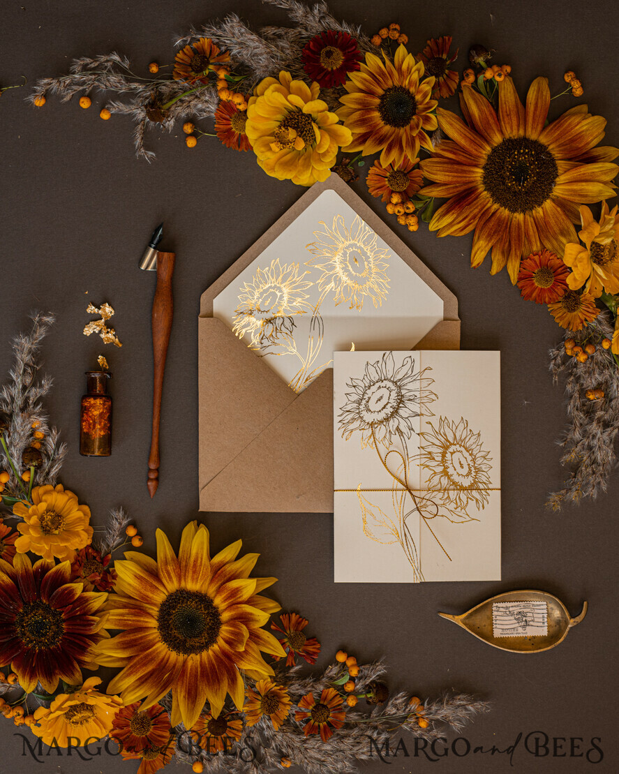 HOCHZEITS EINLADUNGEN Gold / Roségold / Silber / Glitzer Goldene Glitter-Hochzeitseinladungen, Luxus-Goldfolien-Hochzeitseinladungen, romantische Sonnenblumen-Hochzeitseinladungen, luxuriöse Glamour-nude Hochzeitspapeterie