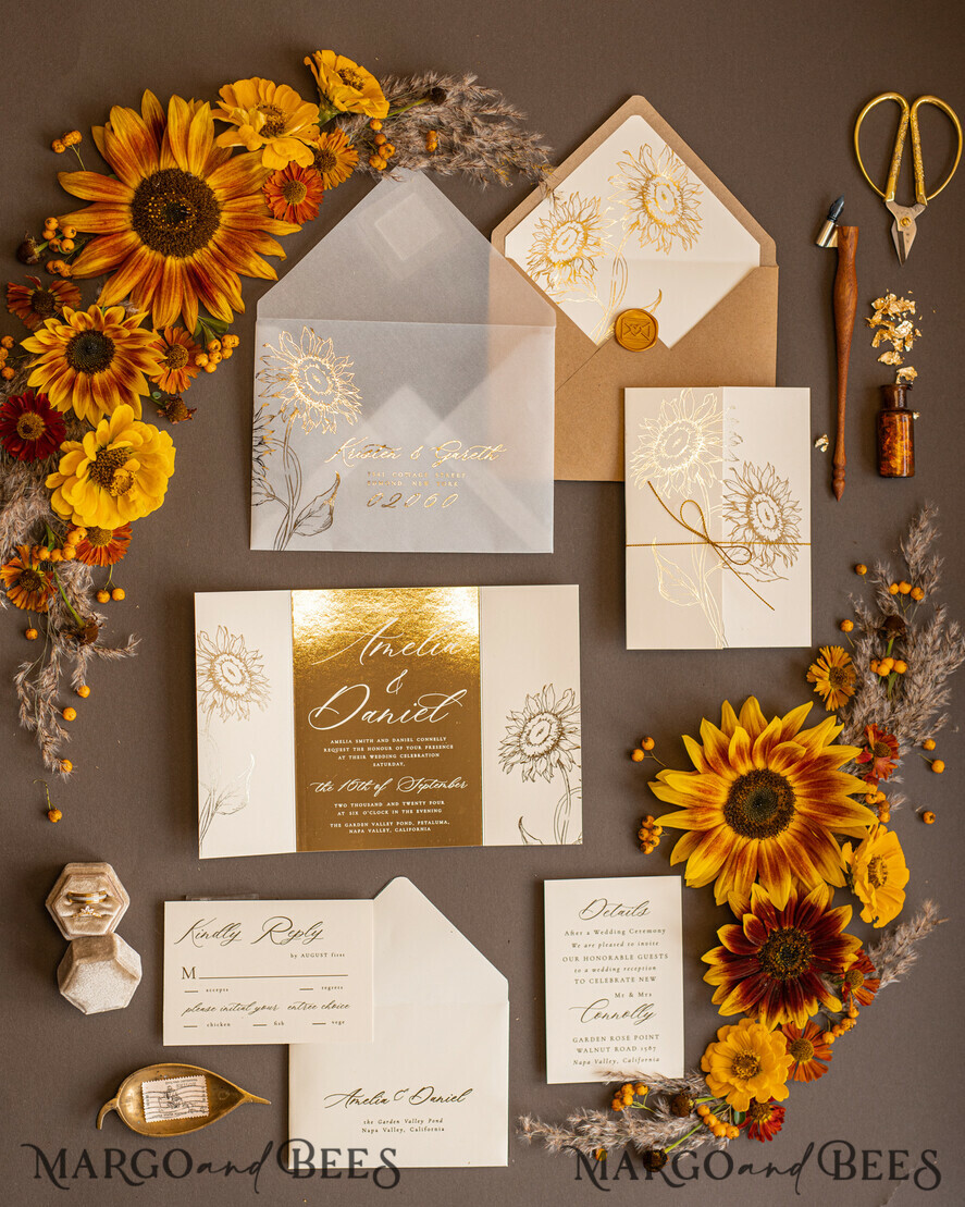 HOCHZEITS EINLADUNGEN Gold / Roségold / Silber / Glitzer Goldene Glitter-Hochzeitseinladungen, Luxus-Goldfolien-Hochzeitseinladungen, romantische Sonnenblumen-Hochzeitseinladungen, luxuriöse Glamour-nude Hochzeitspapeterie