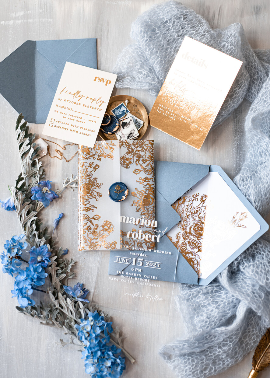 HOCHZEITS EINLADUNGEN Gold / Roségold / Silber / Glitzer Maßgeschneiderte Acryl-Eisblau-Hochzeitseinladung, Glamour staubige blaue Hochzeitseinladungen, moderne goldene Plexi-Hochzeitseinladung Suite, Boho Glam Hochzeitseinladungen mit Wachssiegel.